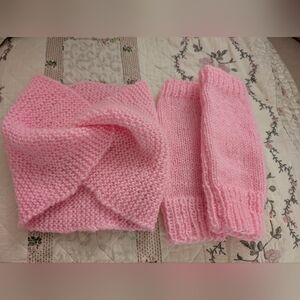 Pink Knit Head Wrap and Fingerless Gloves Set. Handknit.